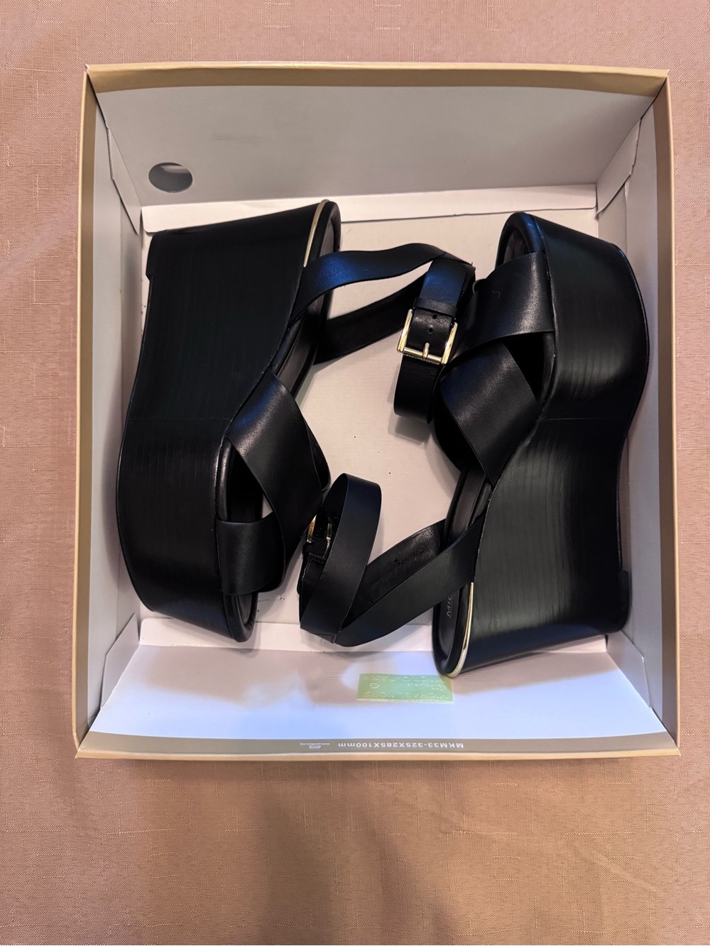 Michael Kors Black Leather Platform Wedge Sandals with Gold Buckle - Picture 5 of 7